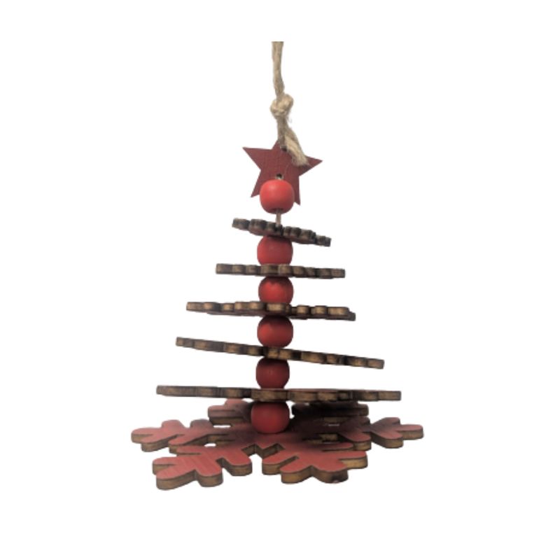 Tiered wood snowflake tree ornament, red stain on jute rope, 4.5 in  24