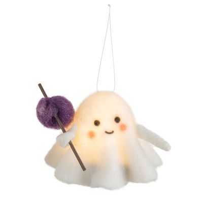 Felt ghost ornament with LED light and purple sack on pole, 3.5 in  6      
