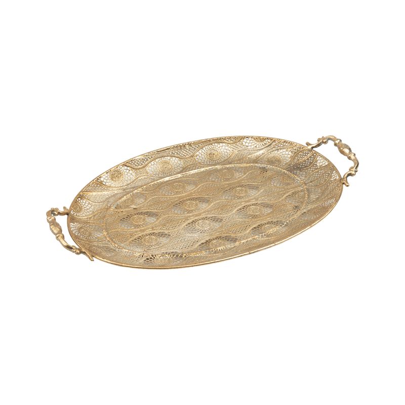 Oval filigree metal tray with cast iron handles, floral filigree design, antique gold finish, 18x10 in  2      