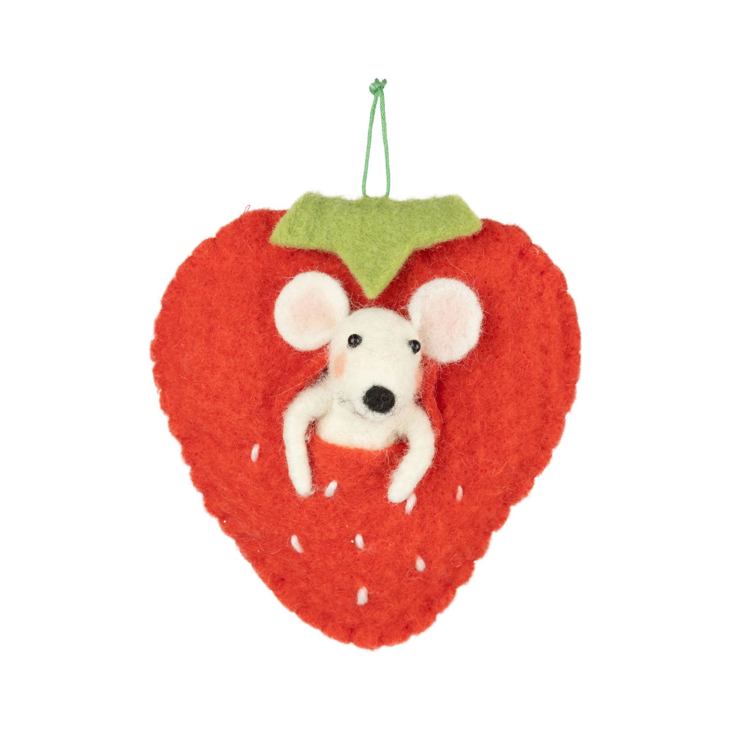 SHIP FEB 1/26 White felt mouse in red strawberry ornament, 5 in