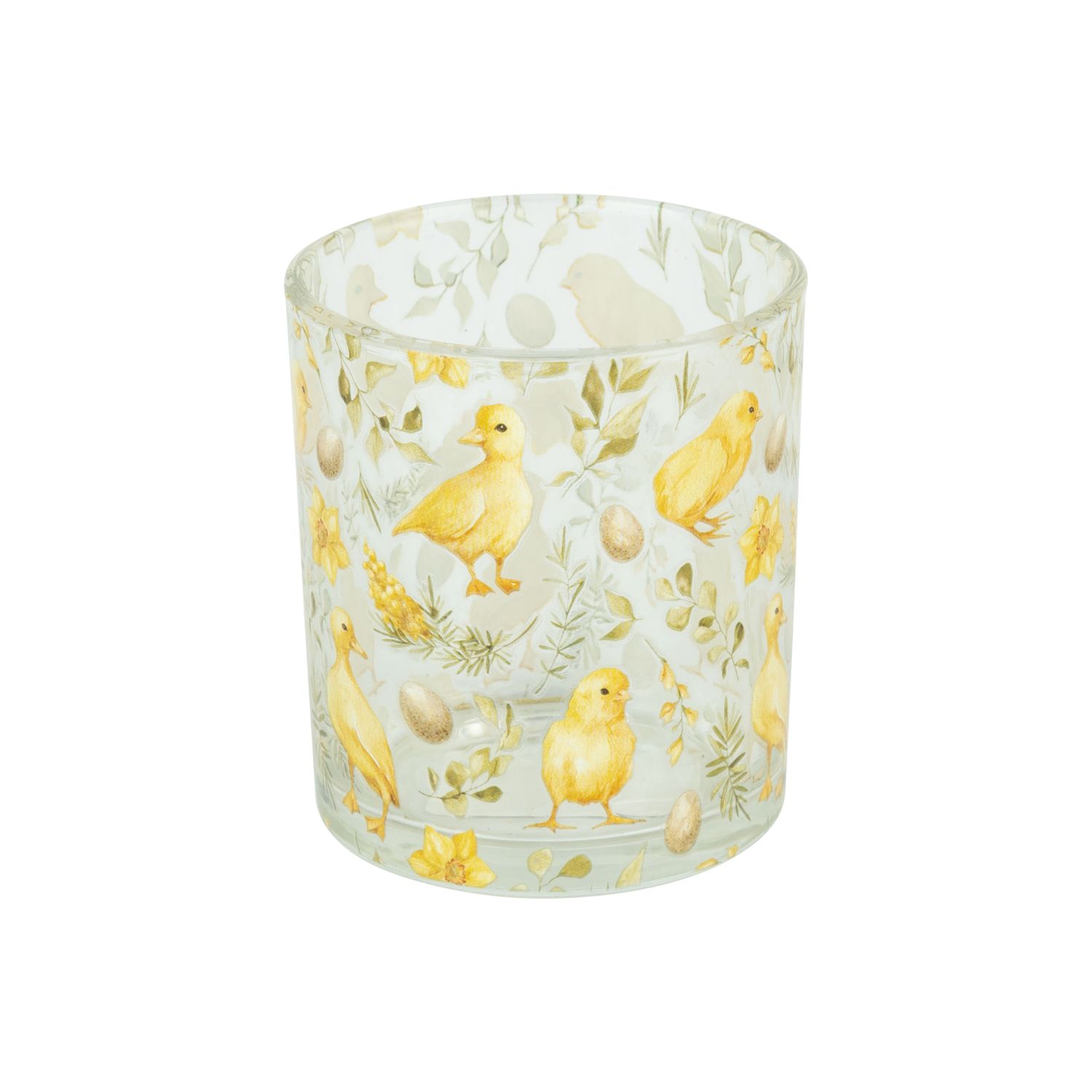 SHIP FEB 1/26 Glass tealight holder with yellow chick and egg pattern, 3 in