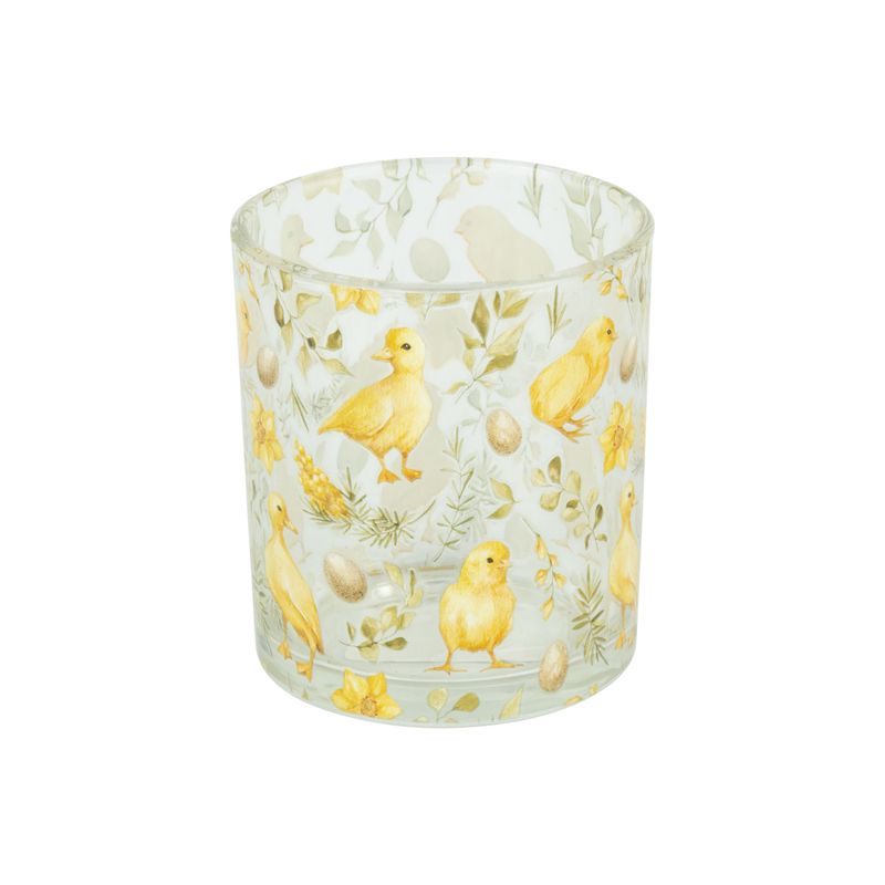 SHIP FEB 1/26 Glass tealight holder with yellow chick and egg pattern, 3 in