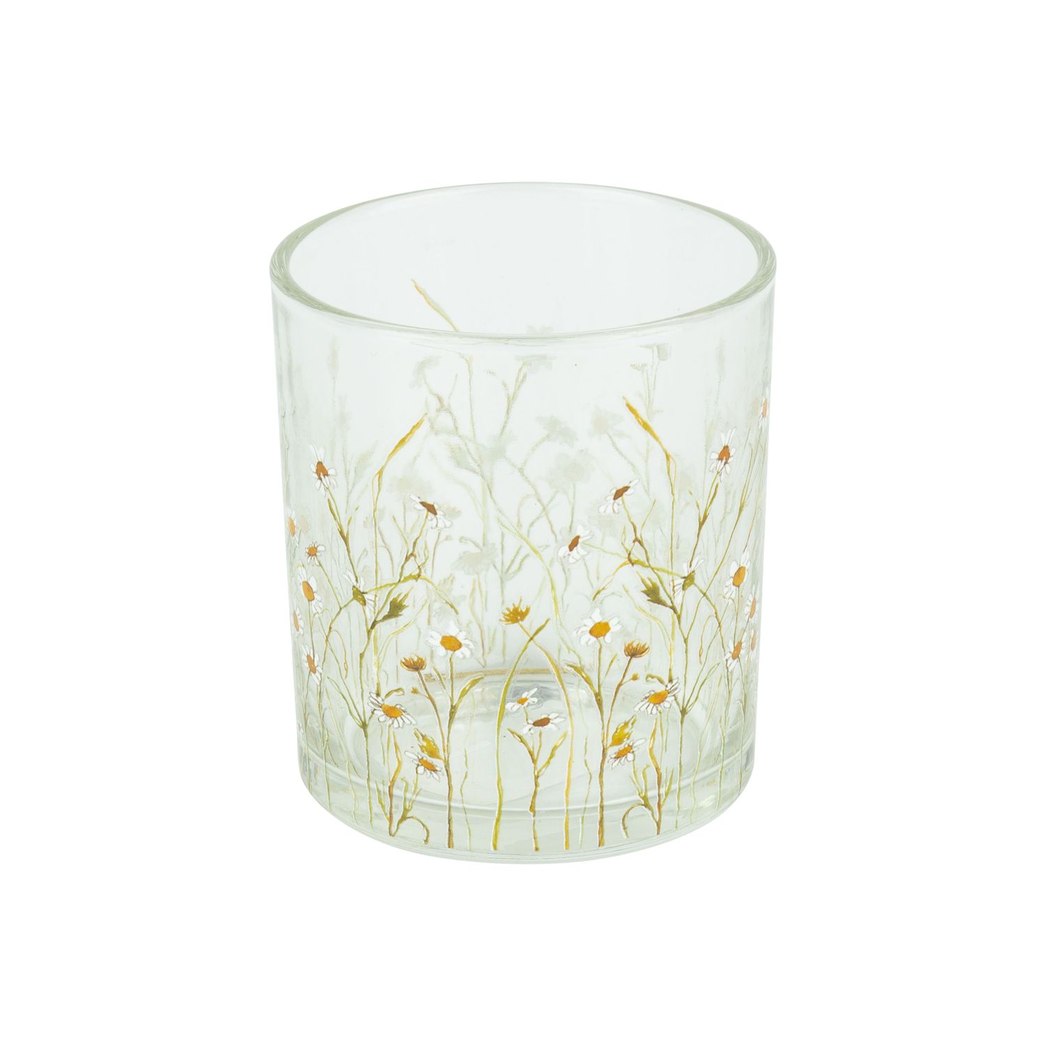 SHIP FEB 1/26 Glass tealight holder with mini daisy pattern, 3 in