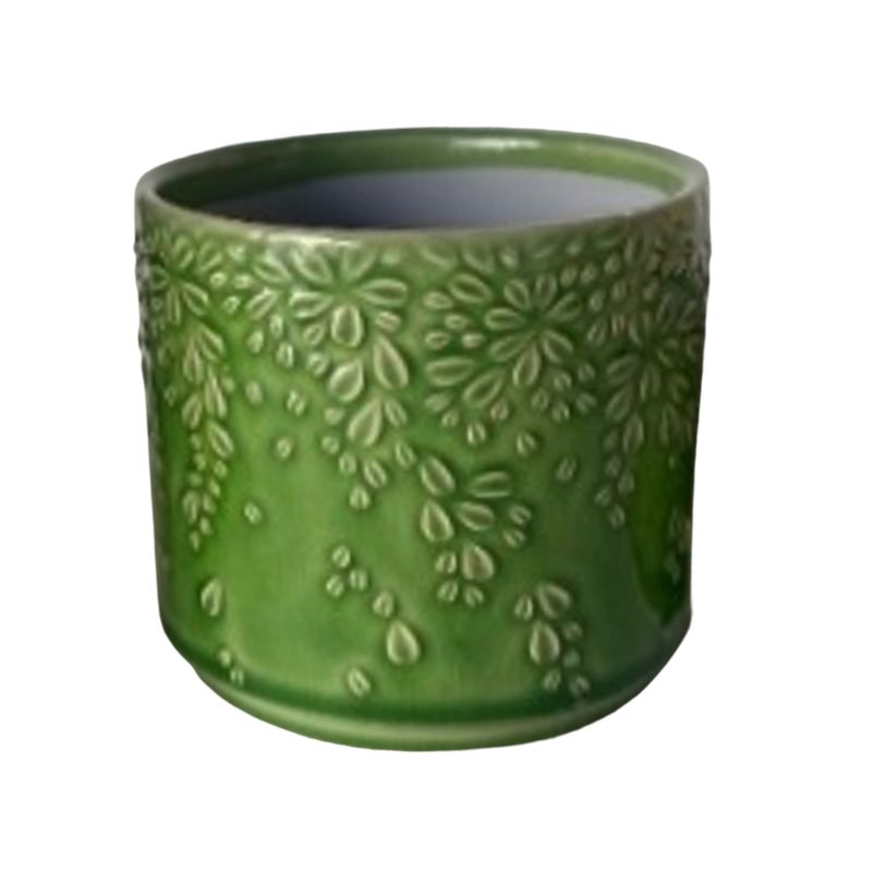 SHIP FEB 1/26 Embossed floral cluster motif ceramic pot cover, green, 5.5 in