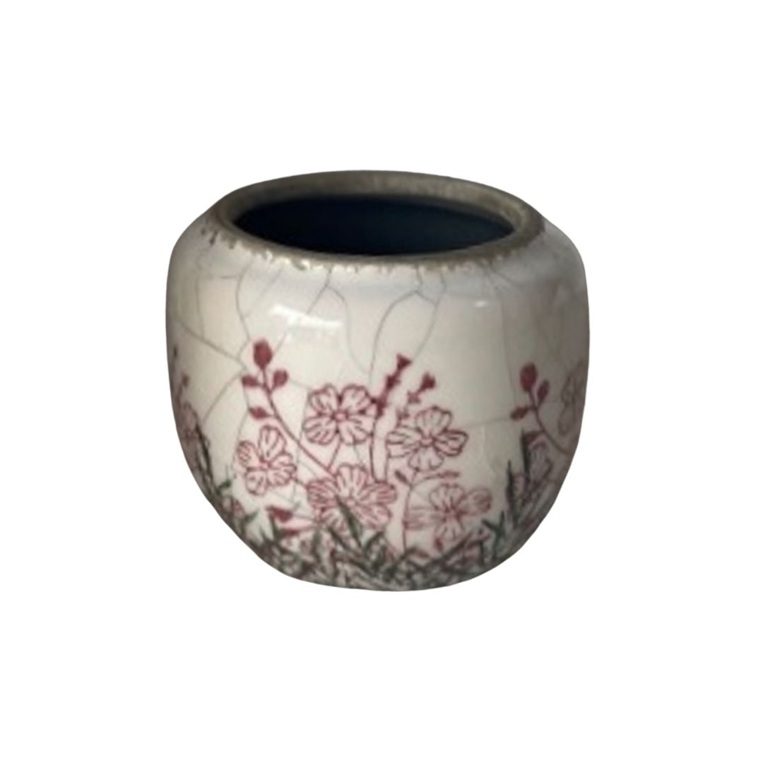 SHIP FEB 1/26 Antique finish crackle glaze jar shape pot cover, green and fuchsia garden pattern, 3.5 in 