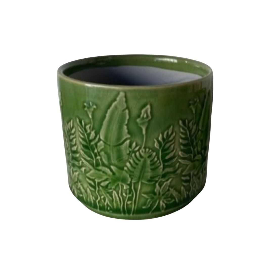 SHIP FEB 1/26 Embossed botanical motif, ceramic pot cover, green, 4.5 in