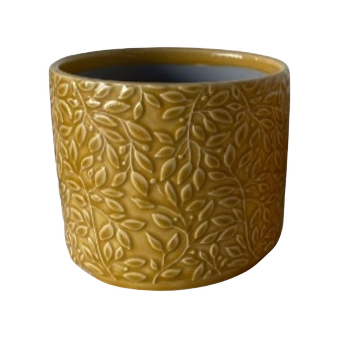 SHIP FEB 1/26 Embossed vine pattern, ceramic pot cover, mustard gold, 5.5 in