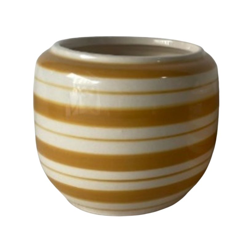 SHIP FEB 1/26 Hand painted urn shape glazed ceramic pot cover, yellow and off white, 5.5 in