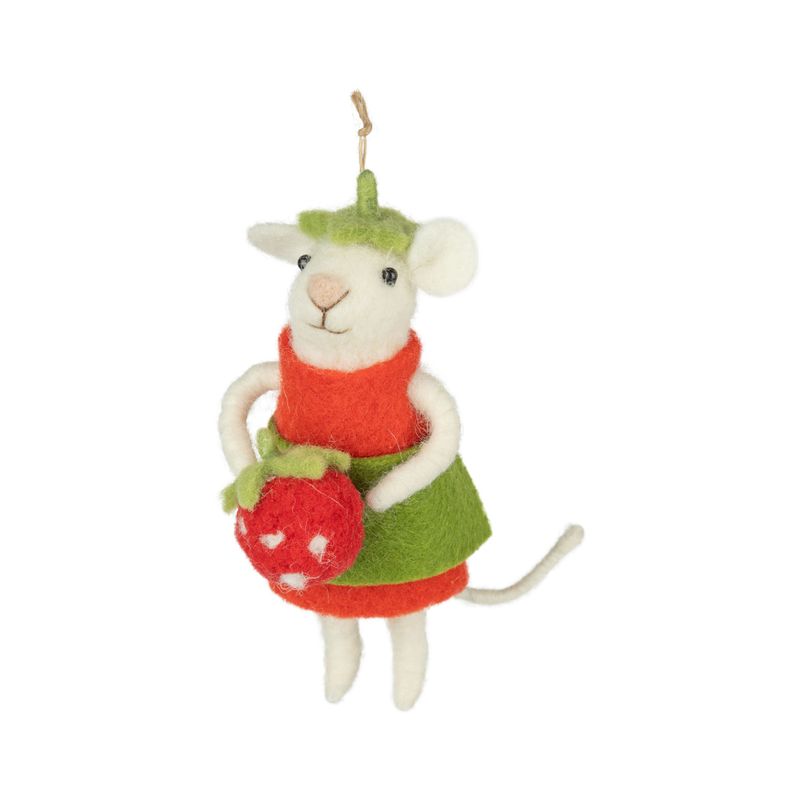 SHIP FEB 1/26 White felt mouse in red and green dress holding strawberry ornament, 4.5 in