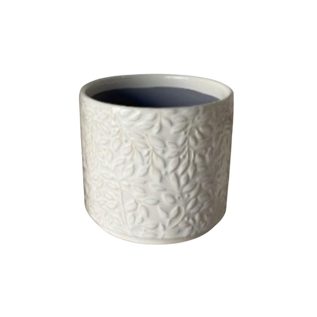 SHIP FEB 1/26 Embossed vine pattern, ceramic pot cover, off white, 3 in