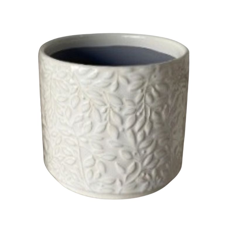SHIP FEB 1/26 Embossed vine pattern, ceramic pot cover, off white, 5.5 in