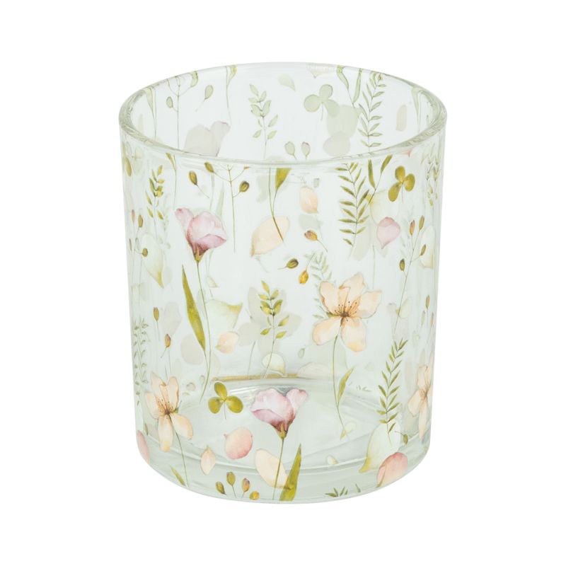 SHIP FEB 1/26 Glass tealight holder with floral pattern, 3 in