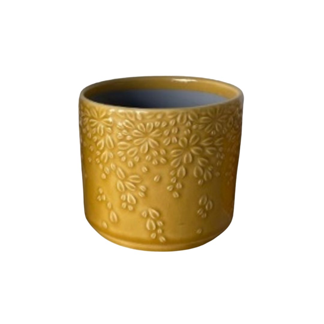 SHIP FEB 1/26 Embossed floral cluster motif ceramic pot cover, mustard gold, 3 in