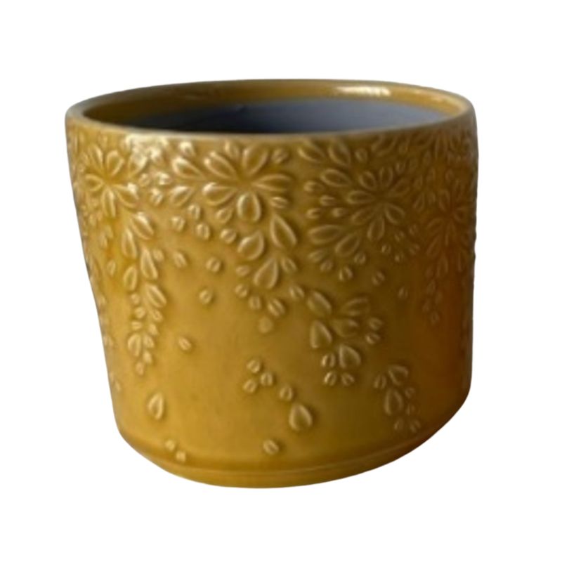 SHIP FEB 1/26 Embossed floral cluster motif ceramic pot cover, mustard gold, 5.5 in