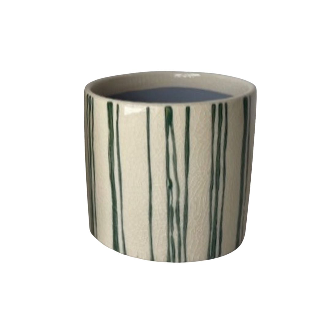 SHIP FEB 1/26 Hand painted, glazed ceramic pot cover, green vertical line pattern on off white, 4.5 in