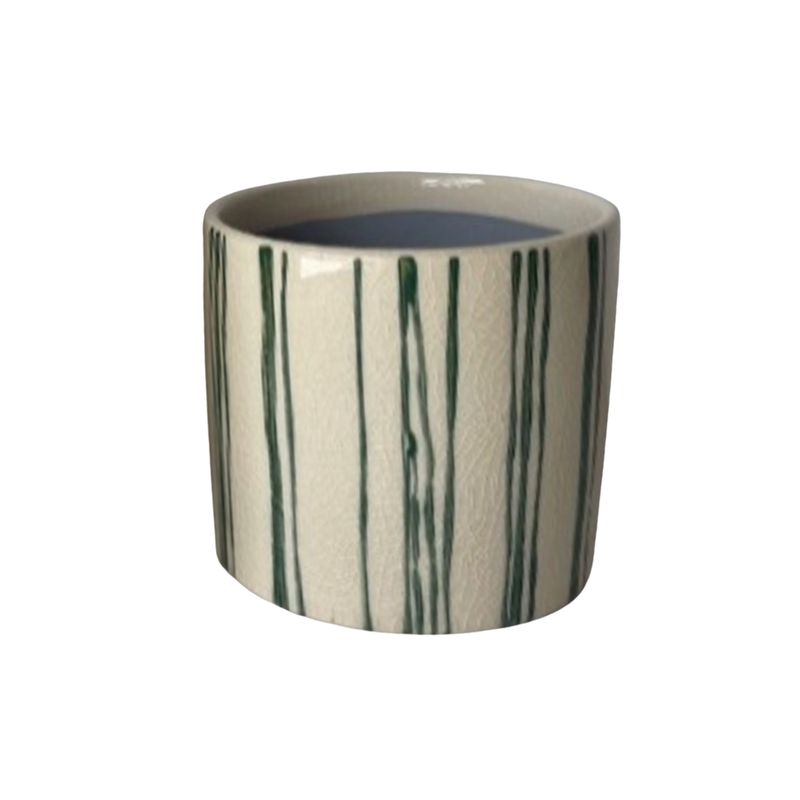 SHIP FEB 1/26 Hand painted, glazed ceramic pot cover, green vertical line pattern on off white, 4.5 in