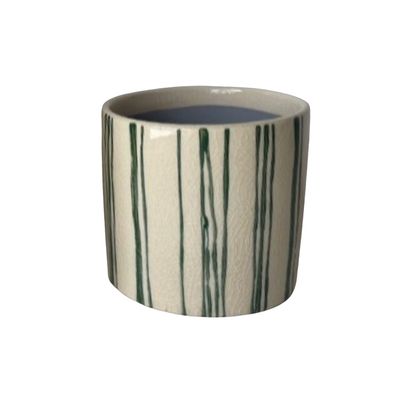 SHIP FEB 1/26 Hand painted, glazed ceramic pot cover, green vertical line pattern on off white, 4.5 in