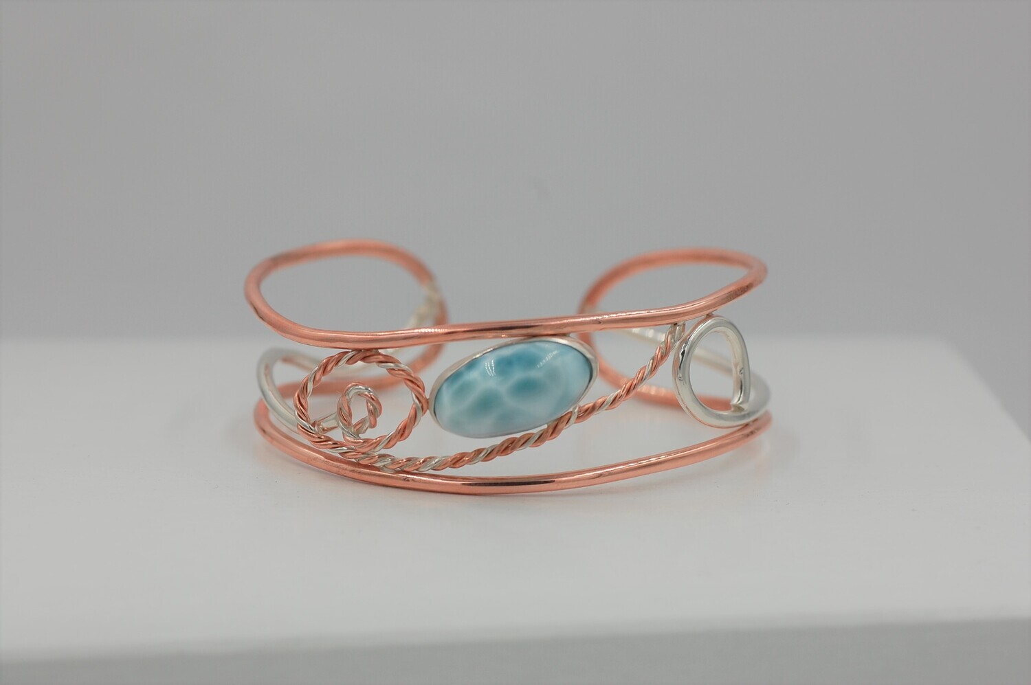Hand made copper & silver cuff set with an oval Larimar .925