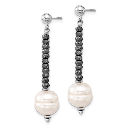 Freshwater pearl & hematite drop earrings - .925