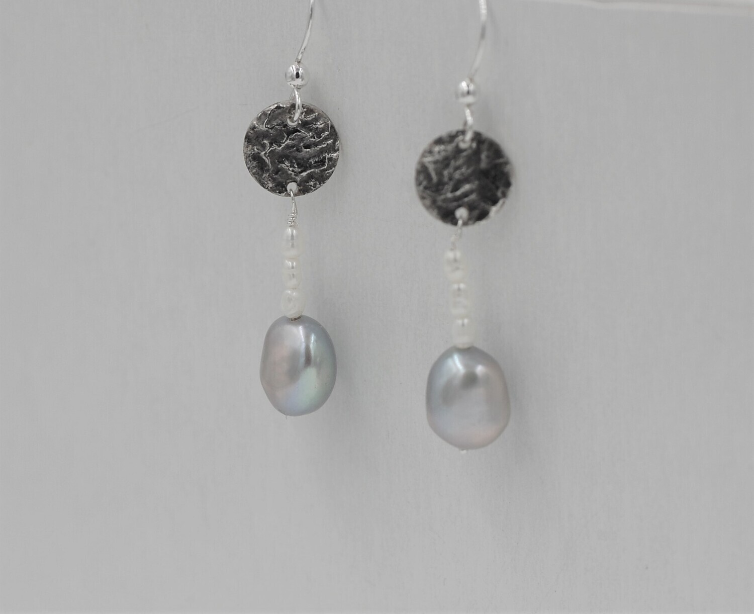 Grey & white pearl drop earrings accented by reticulated sterling silver