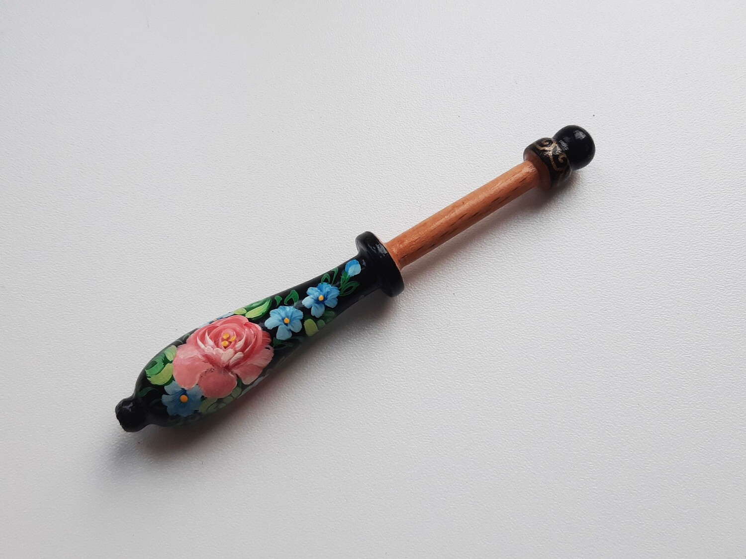 French Lacemaking Bobbins Made of Beech Hand Painted BLACK PINK ROSES