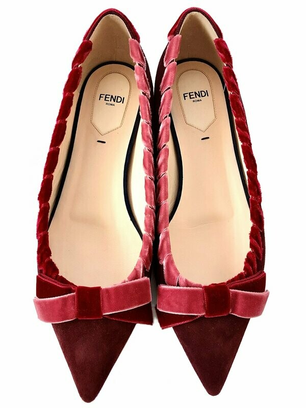 Fendi Lace Through Suede and Velvet Burgundy Ballerinas UK 5