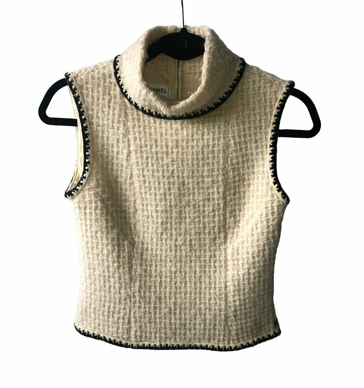 Chanel Vintage Cream Wool and Silk Textured Sleeveless Jumper UK 6-8