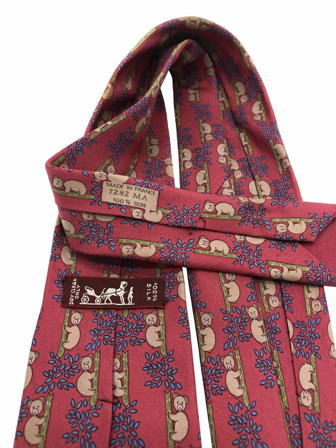 Hermes Vintage Deep Cerise Koala Bear Print Silk Tie