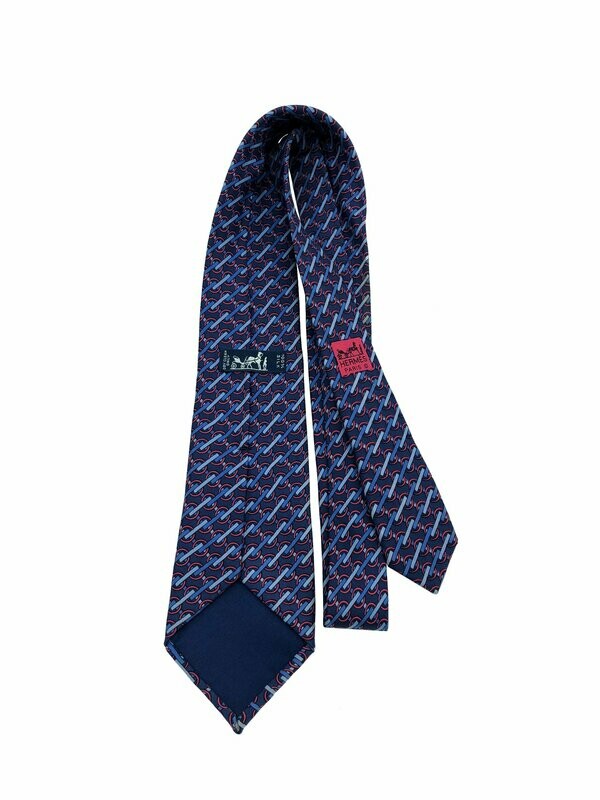 Hermes Vintage Royal Blue Interlocking Geometric Print Silk Tie