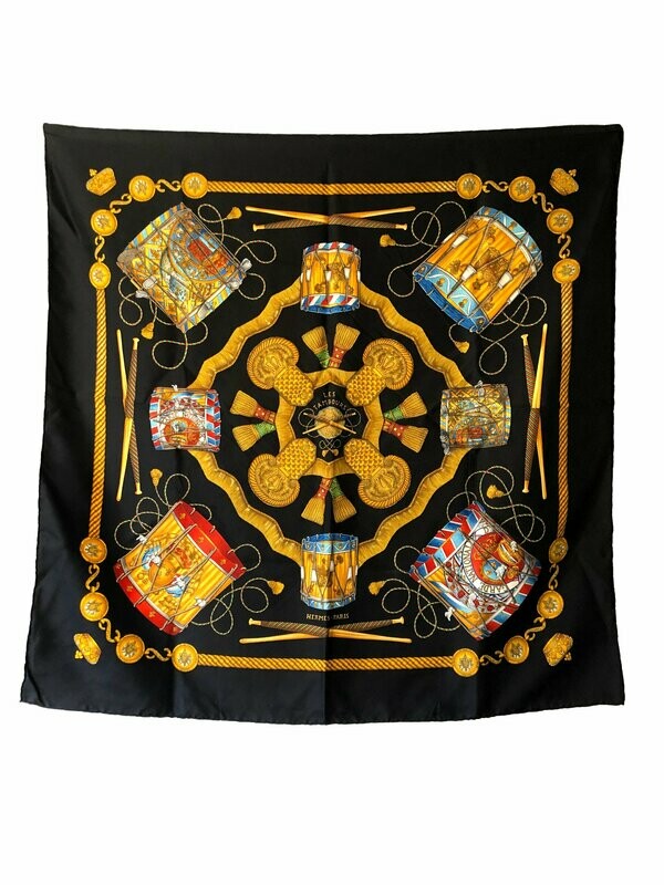 Hermes Vintage 1989 Les Tambours Silk Scarf by Joachim Metz in Black