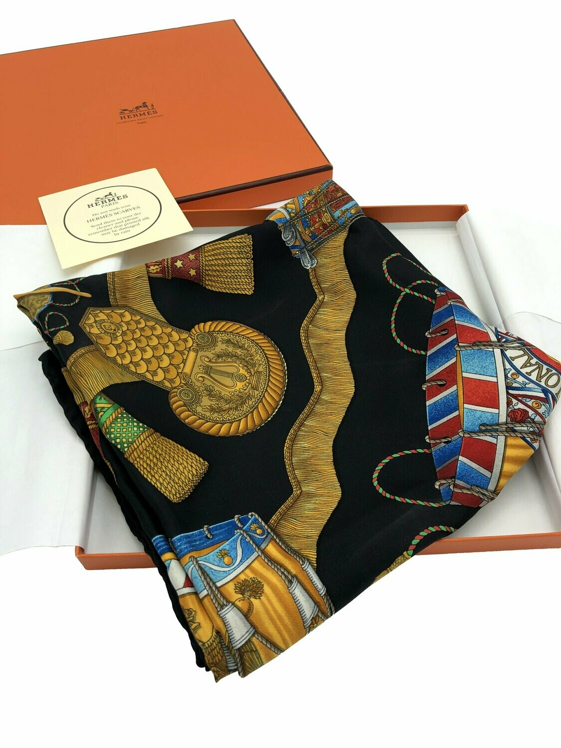 Hermes Vintage 1989 Les Tambours Silk Scarf by Joachim Metz in Black