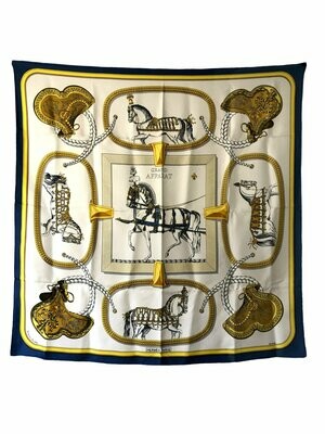 Hermes Vintage 1962 Grand Apparat Silk Scarf by Jacques Eudel in Blue/Yellow