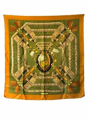 Hermes Vintage 1970 Aux Champs Silk Scarf by Caty Latham in Green/Orange