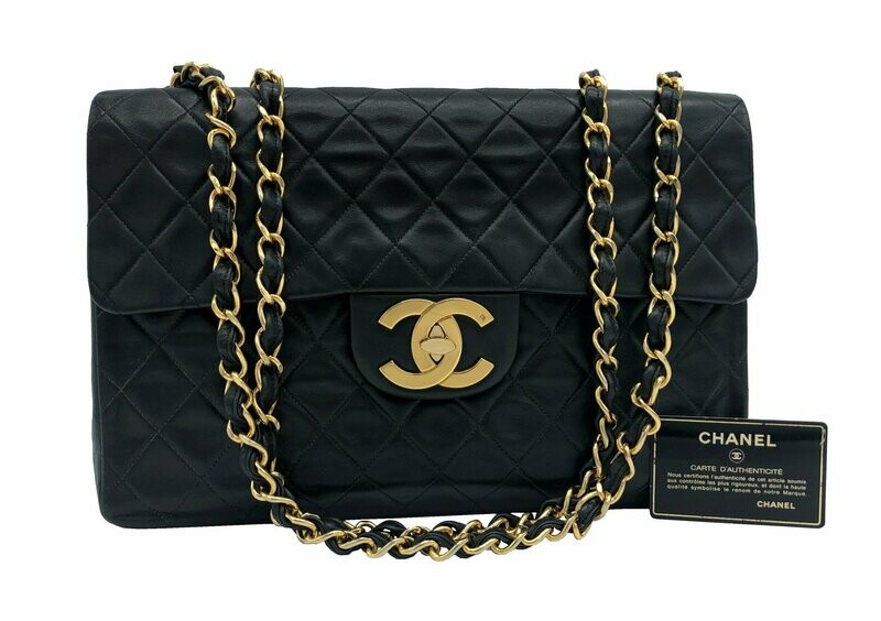 Chanel 1991 - 1994 Vintage Maxi Black Lambskin 24K Gilded GHW