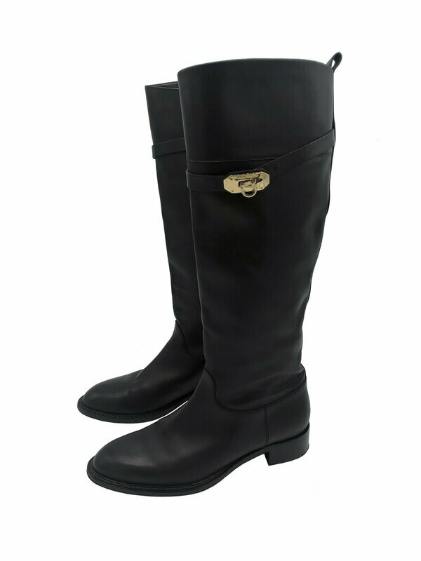 Salvatore Ferragamo Knee High Boots with Gold Gancini Clasp Detail UK 6