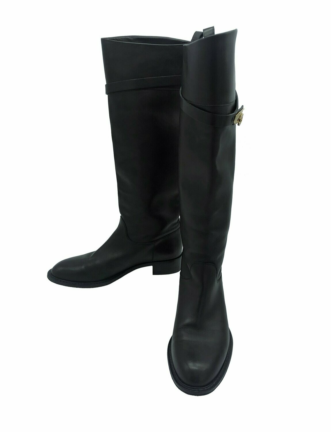 Salvatore Ferragamo Knee High Boots with Gold Gancini Clasp Detail UK 6