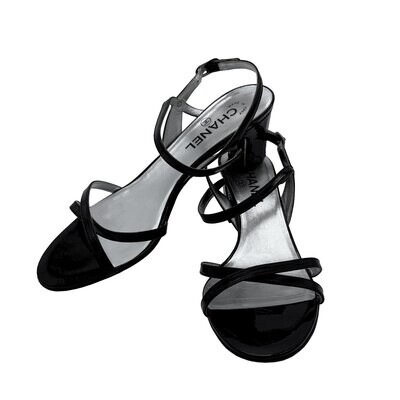 Chanel Black Patent Sandals with Silver CC Detail UK 6