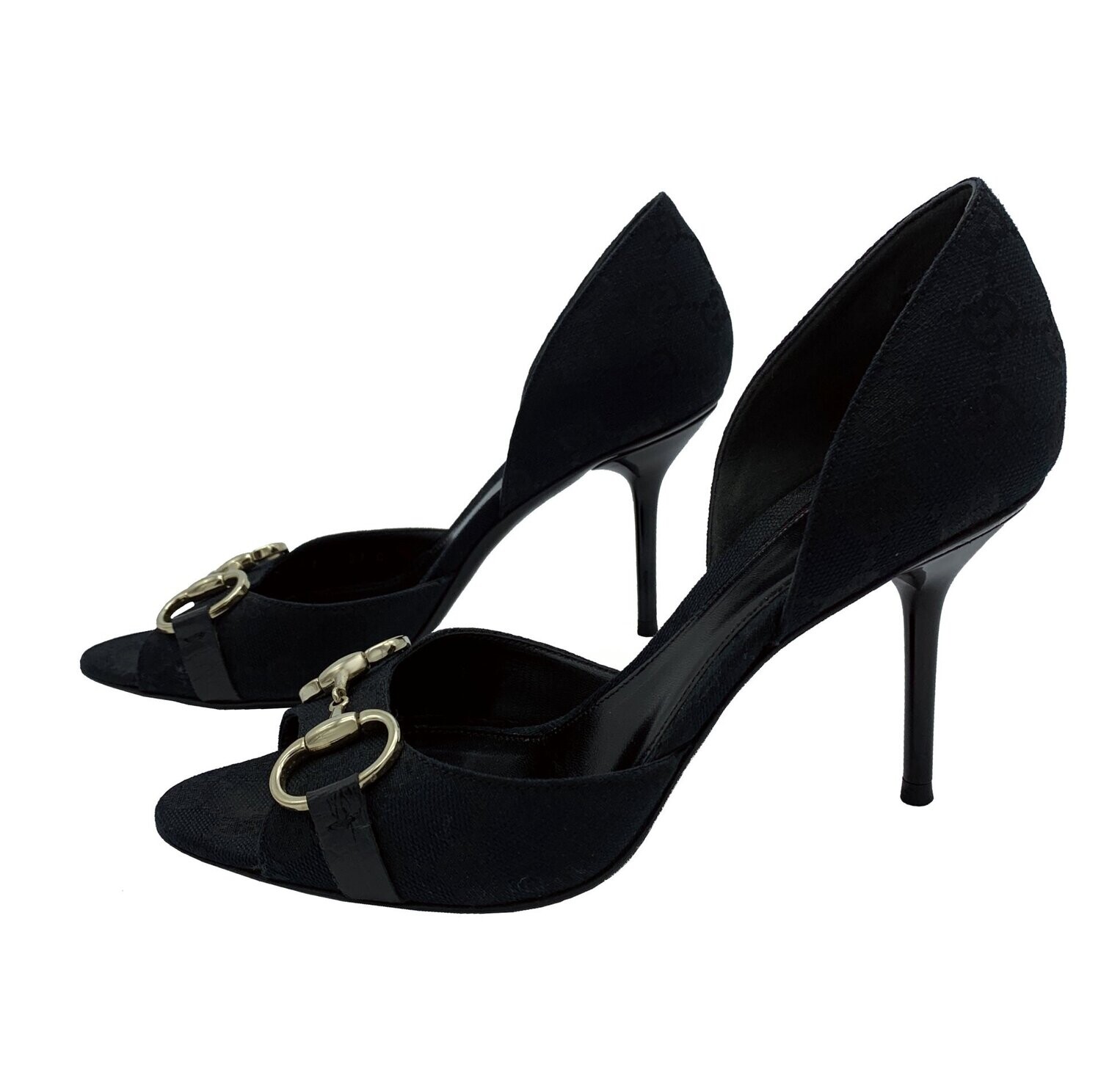 GUCCI Black Suede Peep Toe Gold Metals Slingback Platform  Gucci Hollywood Peep Toe Women\'s Elegant Classy Pumps Black Suede Size 7B main image 1
