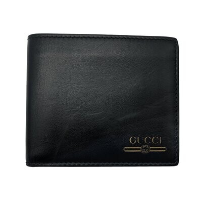Gucci Mens Bi Fold Black Leather Gold Print Logo Wallet