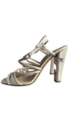 Chanel Gold/Silver Patent Leather CC Detail Strappy Heels UK 6