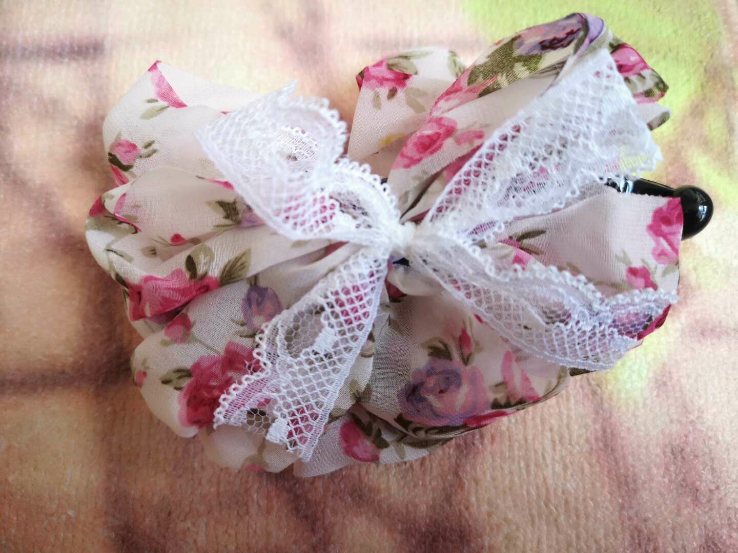 Pink Floral Ribbon Banana Clip (008-3)