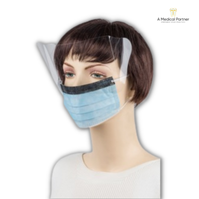 Level 2 Face Mask With Plastic Shield 3 Ply With Ear Loop Blue - Box of 50 Masks ($0.70 per mask)