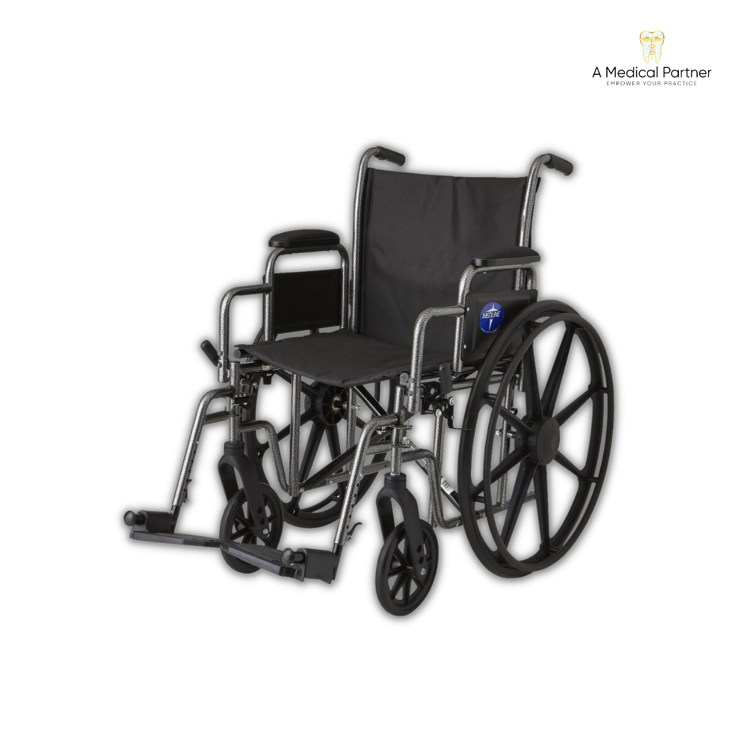Wheelchair 18″ Standard Seat Width W/24″ Rear Wheels & Removable Desk Length Arm & Swing Away Footrest