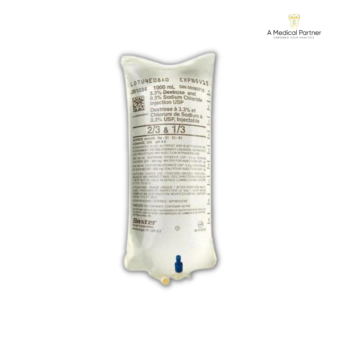 Dextrose 3.3% And Sodium Chloride 0.3% 1000ml Bag For Injection - Case of 12