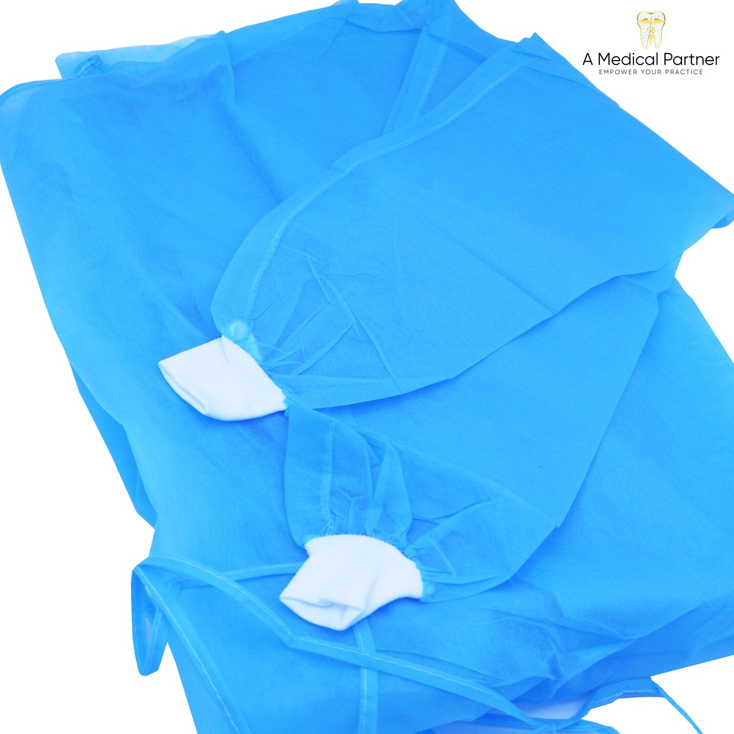 10 X 32G Knitted White Cuff Blue Disposable Isolation Gowns - Box of 100 Gowns - $89 PER CASE OF 100