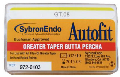 Autofit Greater Taper Gutta-Percha Points, Hand-Rolled, 0.08 Taper, Yellow, 50/Pk, 972-0103