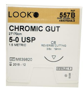 Chromic Gut Suture with C6 Needle (RC), 3/8 Circle, 27"/70 cm, # 5-0, 12/Pk, 557B
