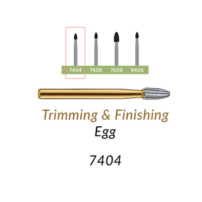 12-Blade Trimming & Finishing Carbide Burs, FG, Egg, # 7404, 10/Pk