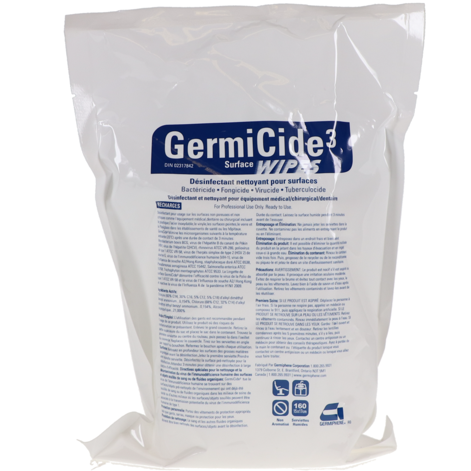 Germicide 3 Disinfectant Towelettes, Refill Pouch, Lemon, 160/Pk, GERMI-3-R, GERMI-3-SW-R