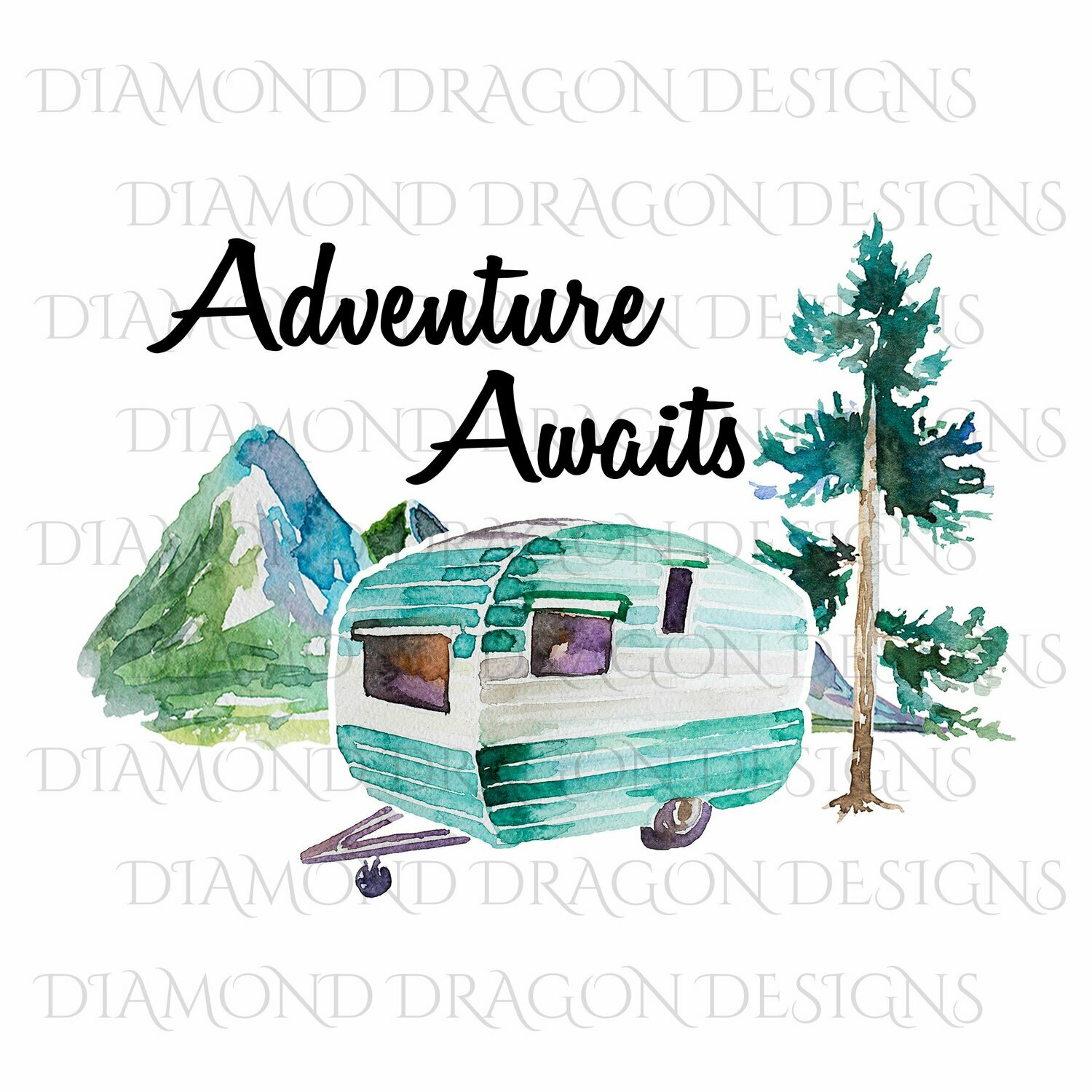 Camping - Watercolor Camper, Adventure Awaits, Quote, Waterslide